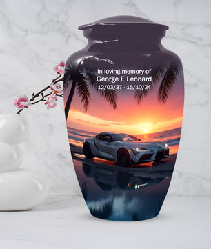 Beach Sunset Car Cremation Urn for Human Ashes | Adult Urn with Sports Car
