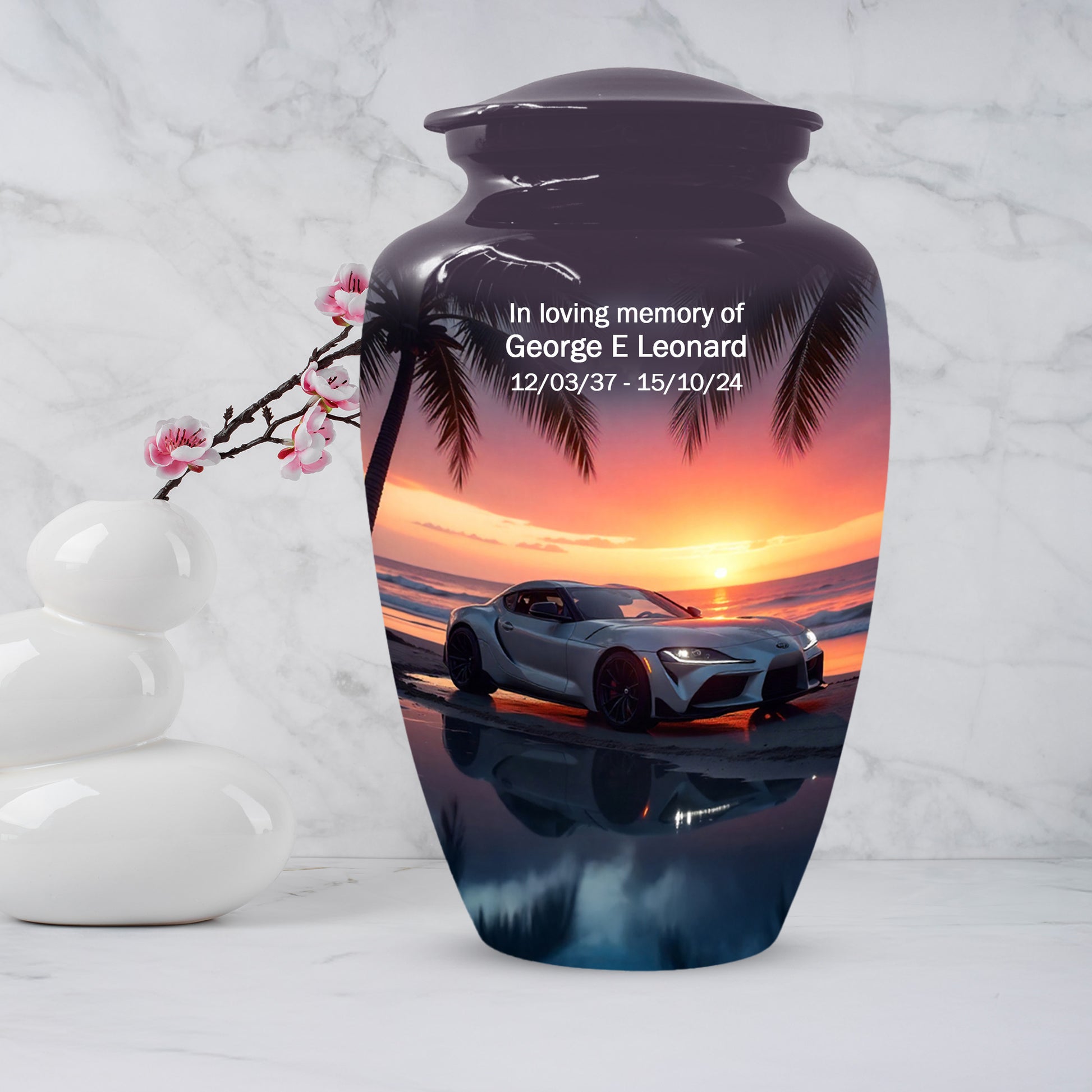 Beach Sunset Car Cremation Urn for Human Ashes | Adult Urn with Sports Car