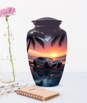 Beach Sunset Car Cremation Urn for Human Ashes | Adult Urn with Sports Car