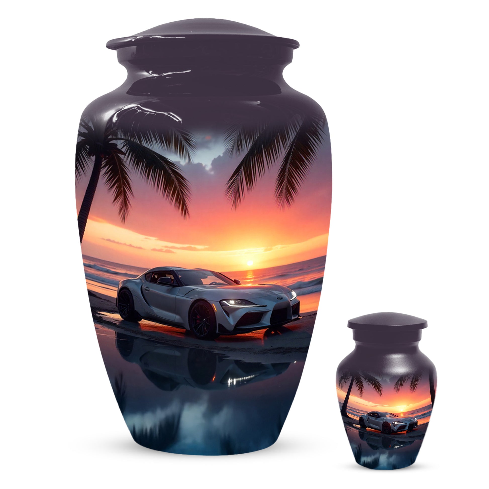Beach Sunset Car Cremation Urn for Human Ashes | Adult Urn with Sports Car