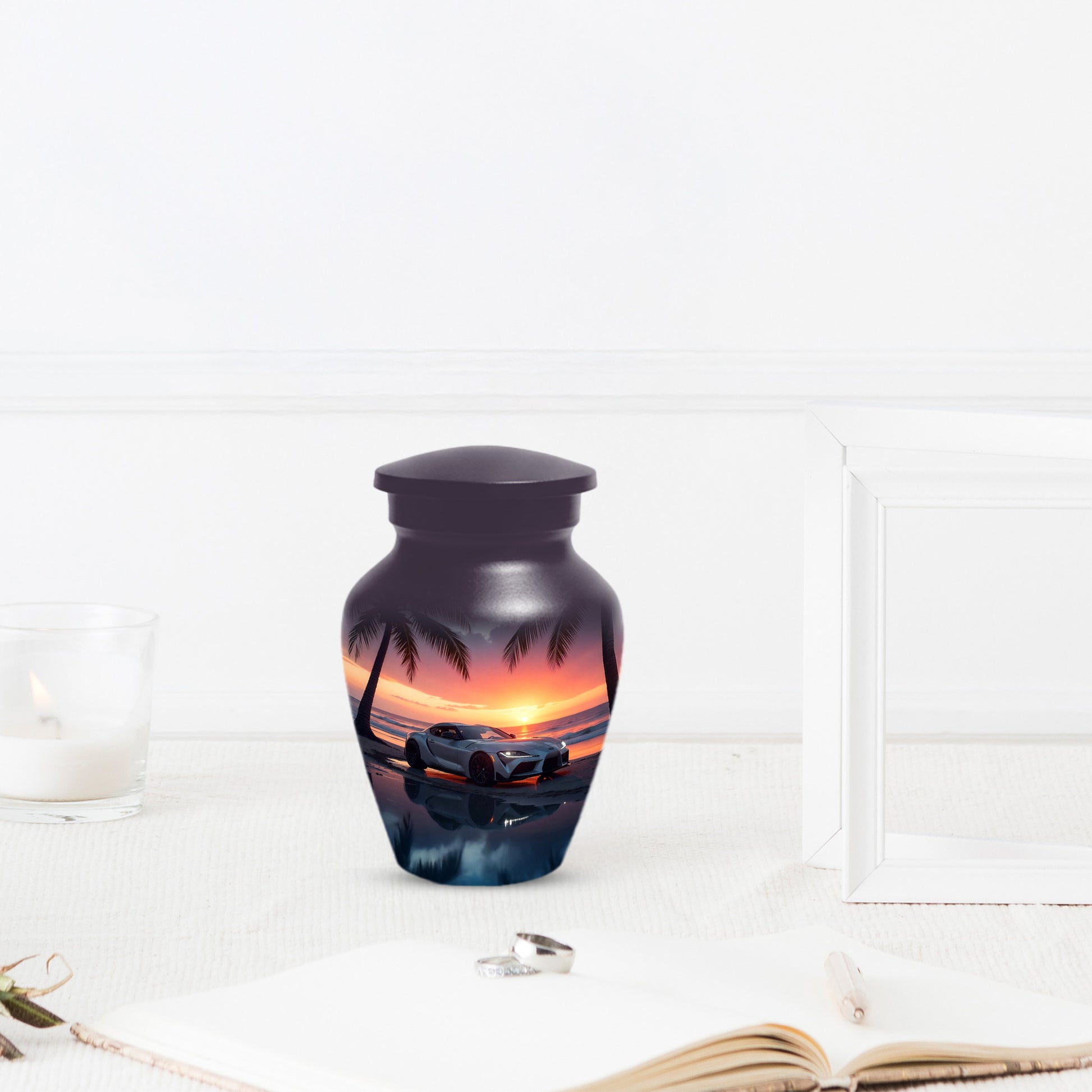 Beach Sunset Car Cremation Urn for Human Ashes | Adult Urn with Sports Car