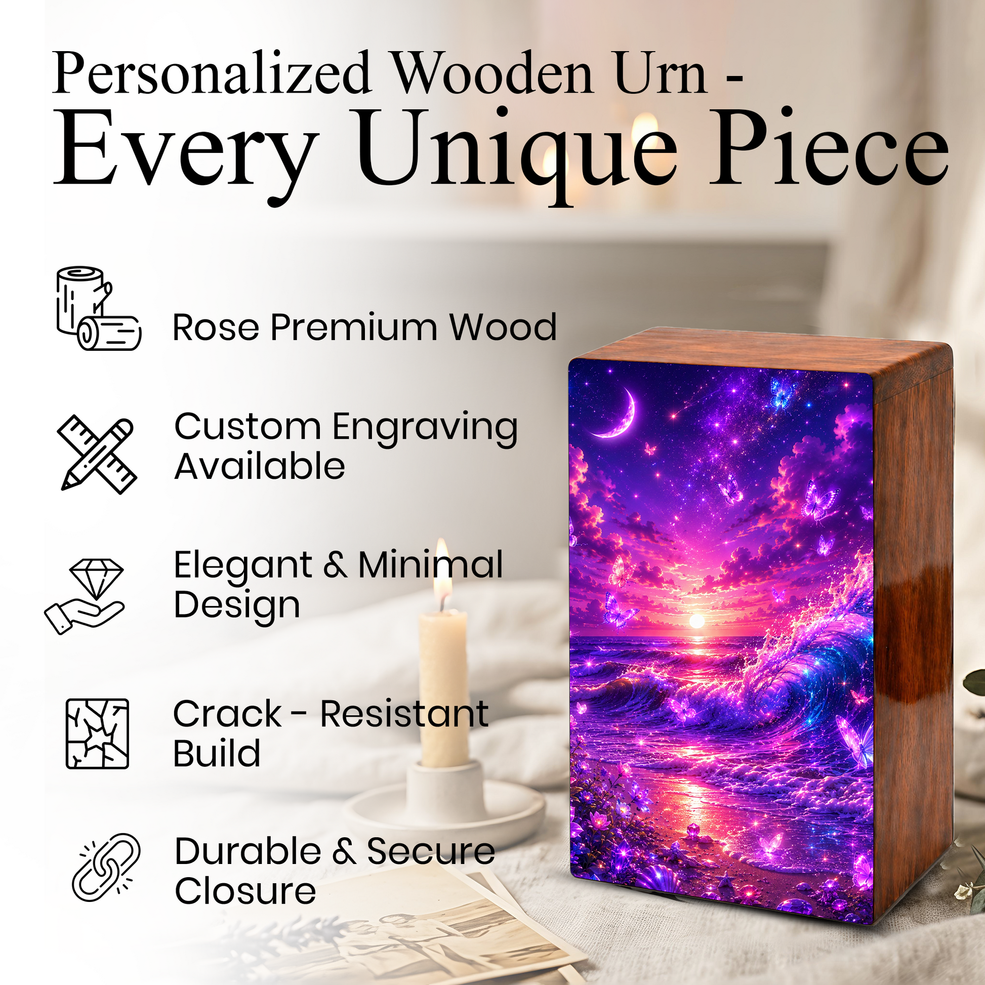 Ocean Urn For Ashes - Purple Wooden Beach Small Keepsake For Male and Female