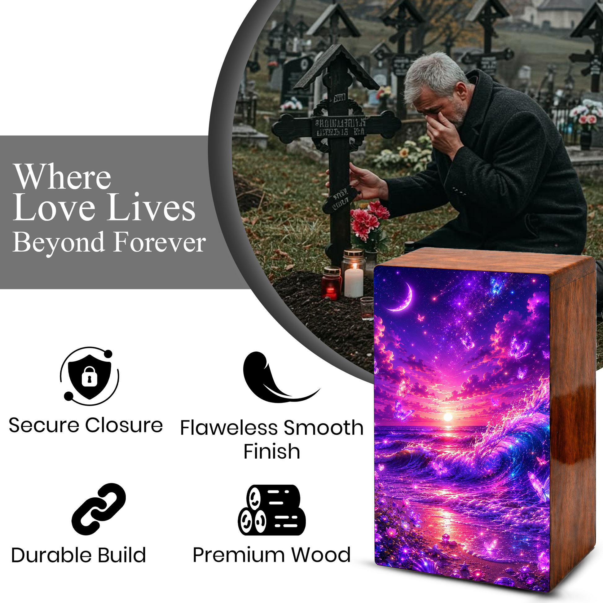 Ocean Urn For Ashes - Purple Wooden Beach Small Keepsake For Male and Female