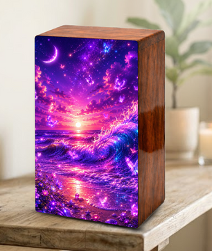 Ocean Urn For Ashes - Purple Wooden Beach Small Keepsake For Male and Female
