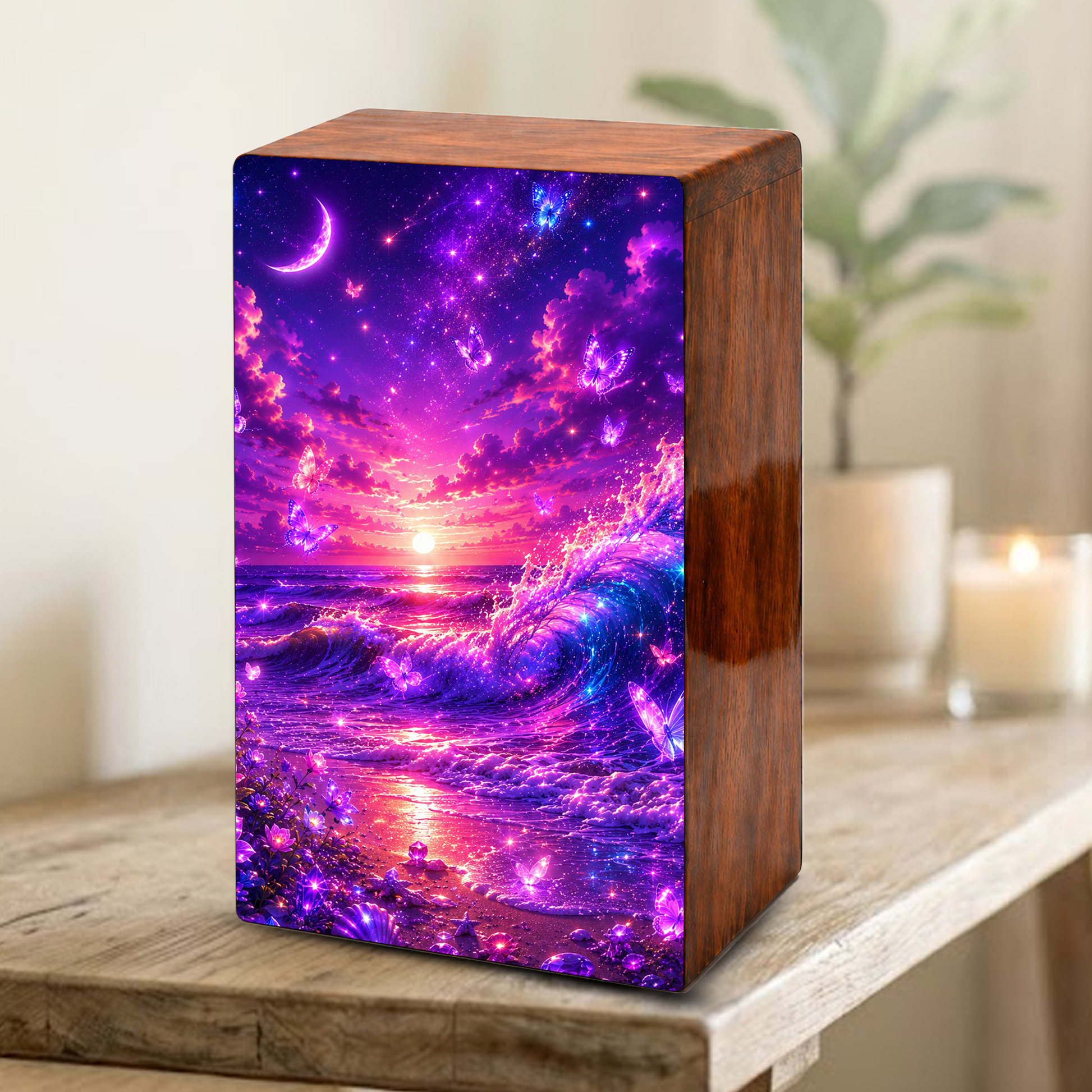 Ocean Urn For Ashes - Purple Wooden Beach Small Keepsake For Male and Female