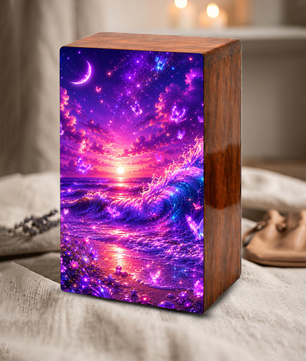 Ocean Urn For Ashes - Purple Wooden Beach Small Keepsake For Male and Female
