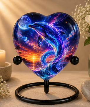 Neon Dolphin Urn for Ashes, Ocean Memorial Urn, Heart Shaped Dolphin Urn