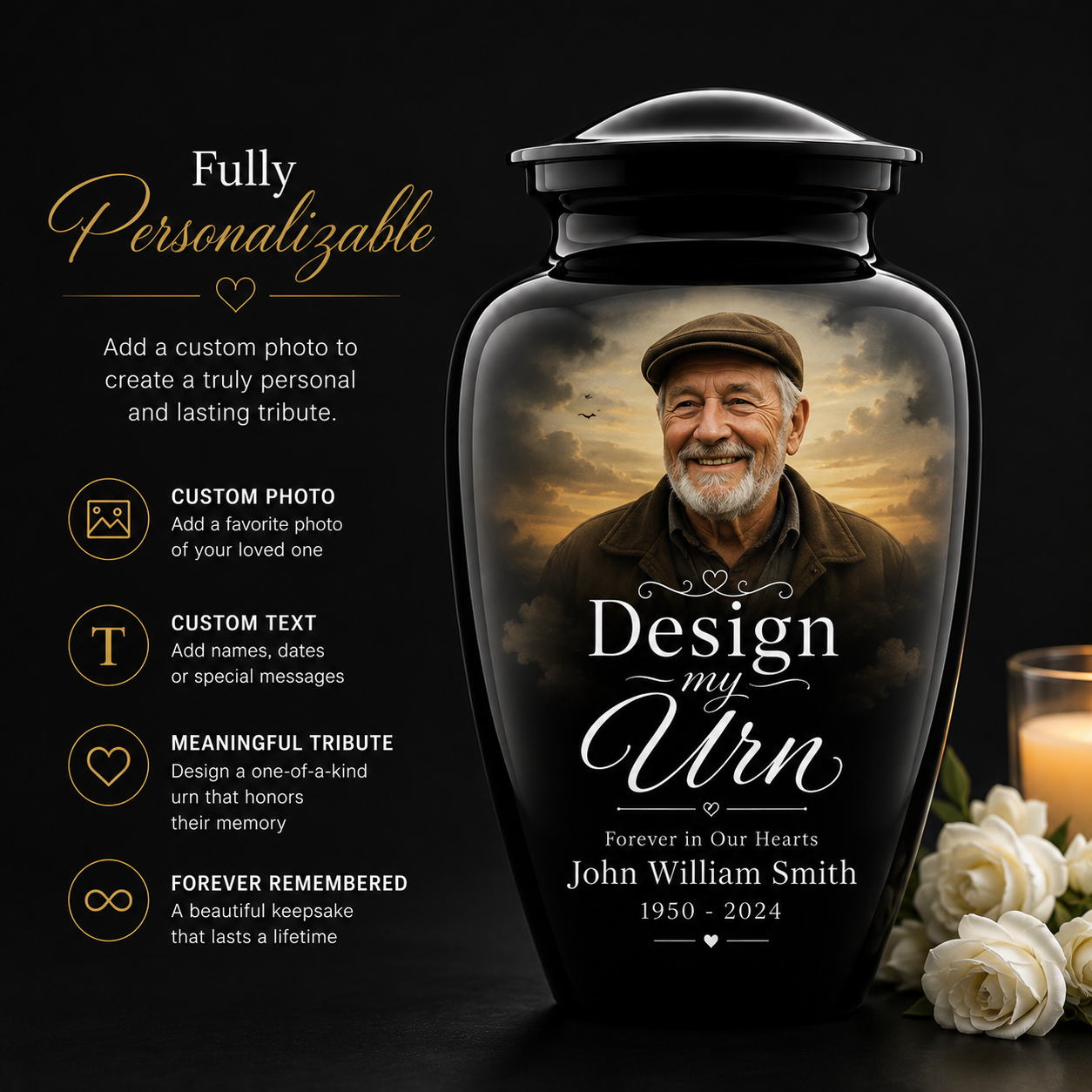 Personalized Photo Urn For Ashes, Custom Text Cremation Urn, Create One of Kind Memorial Urn