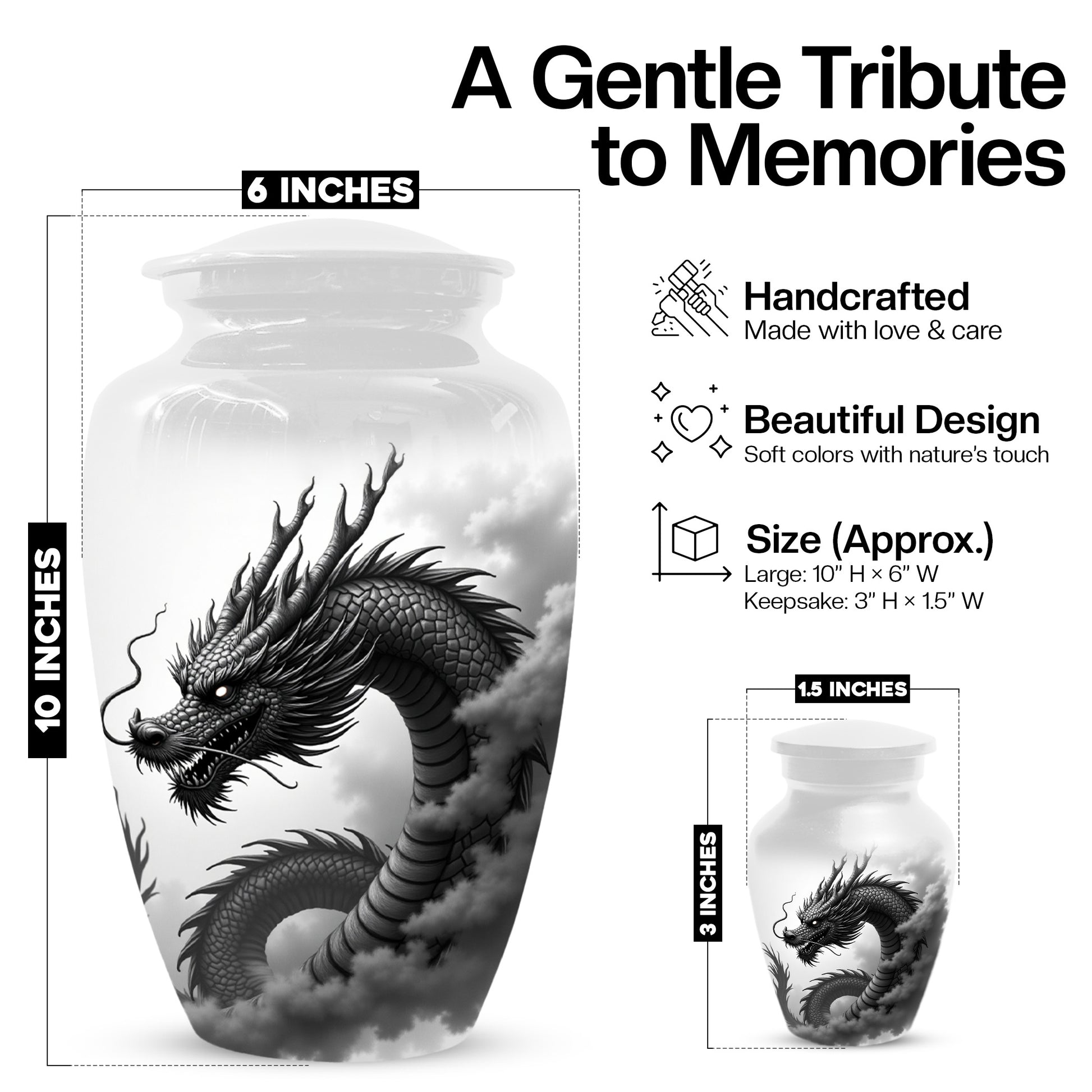 Black & White Dragon Keepsake Urn for Ashes – Dragon Cremation Urn | Memorial Urn for Adult Ashes