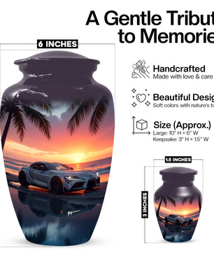 Beach Sunset Car Cremation Urn for Human Ashes | Adult Urn with Sports Car