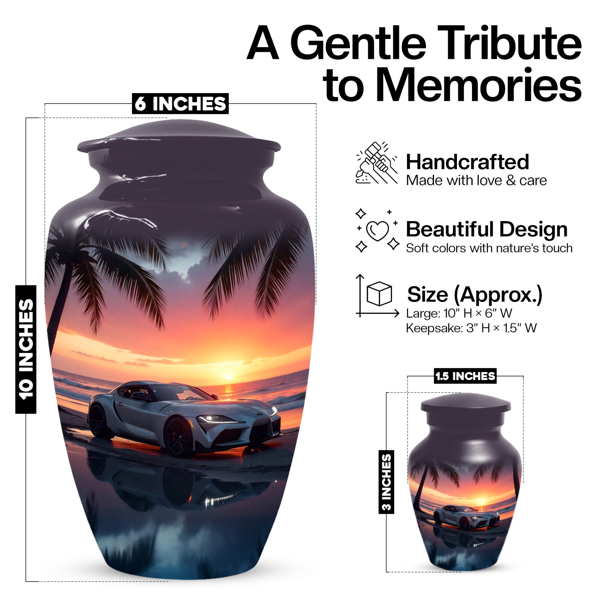 Beach Sunset Car Cremation Urn for Human Ashes | Adult Urn with Sports Car