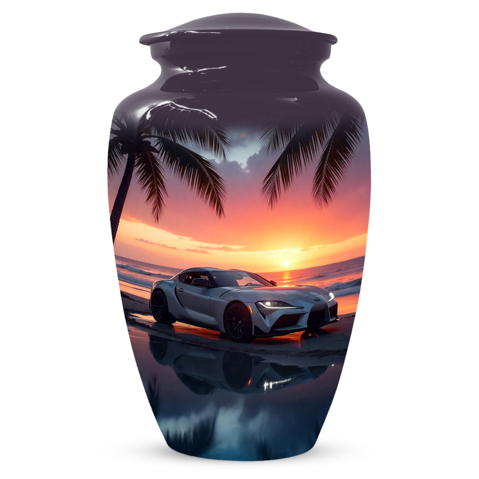 Beach Sunset Car Cremation Urn for Human Ashes | Adult Urn with Sports Car