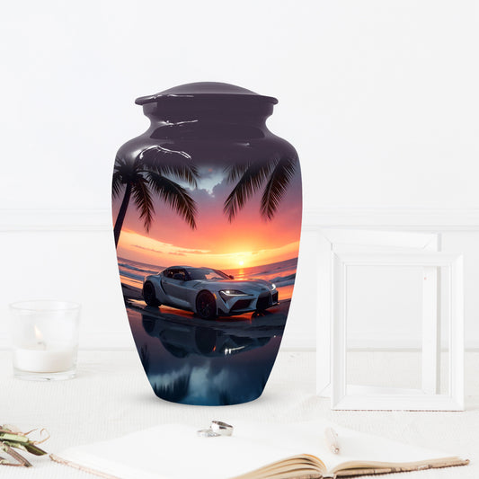 Beach Sunset Car Cremation Urn for Human Ashes | Adult Urn with Sports Car