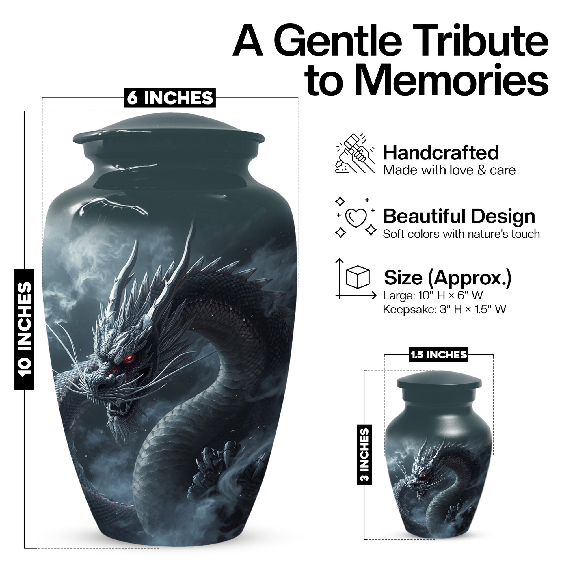 Black Dragon Urn for Human Ashes | Adult Cremation Urn | Mystical Dragon Memorial Funeral Urn
