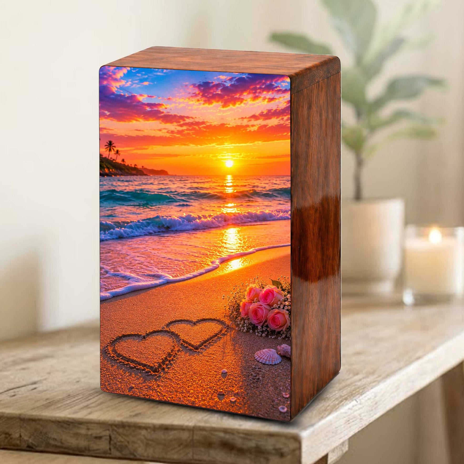 Wooden Beach Urn For Human Ashes – Ocean Heart Cremation Keepsake For Adults