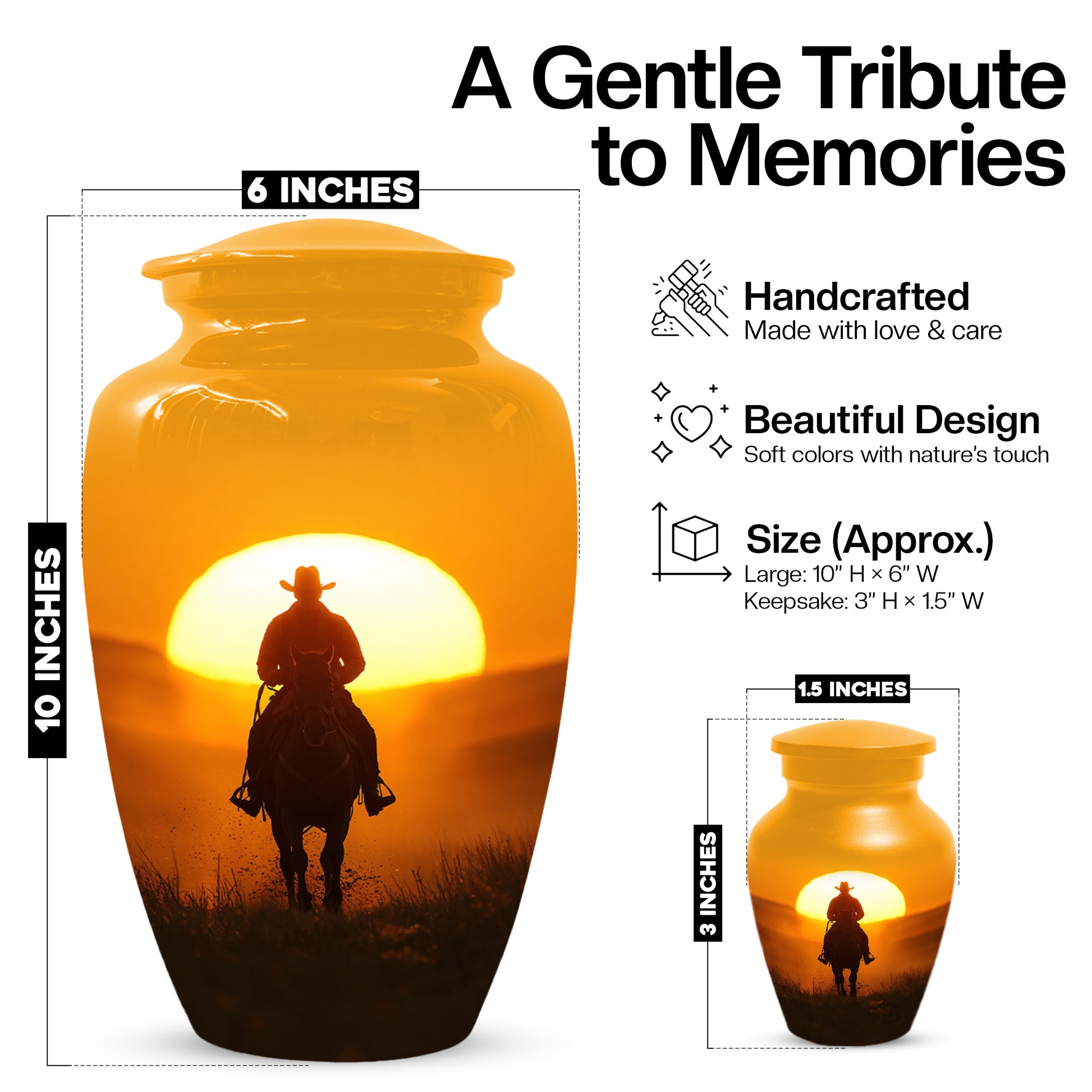 Cowboy Sunset Urn for Adult Ashes | Western Cowboy Cremation Urn for Dad & Men