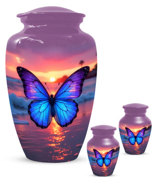 Blue Butterfly Sunset Urn for Human Ashes | Elegant Blue Butterfly Sunset Cremation Urn for Adult Memorial