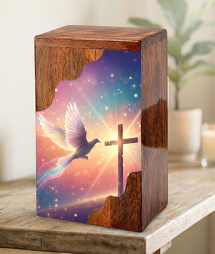 Dove Cross Wooden Cremation Urn – Christian Memorial Wooden Urn for Human Ashes