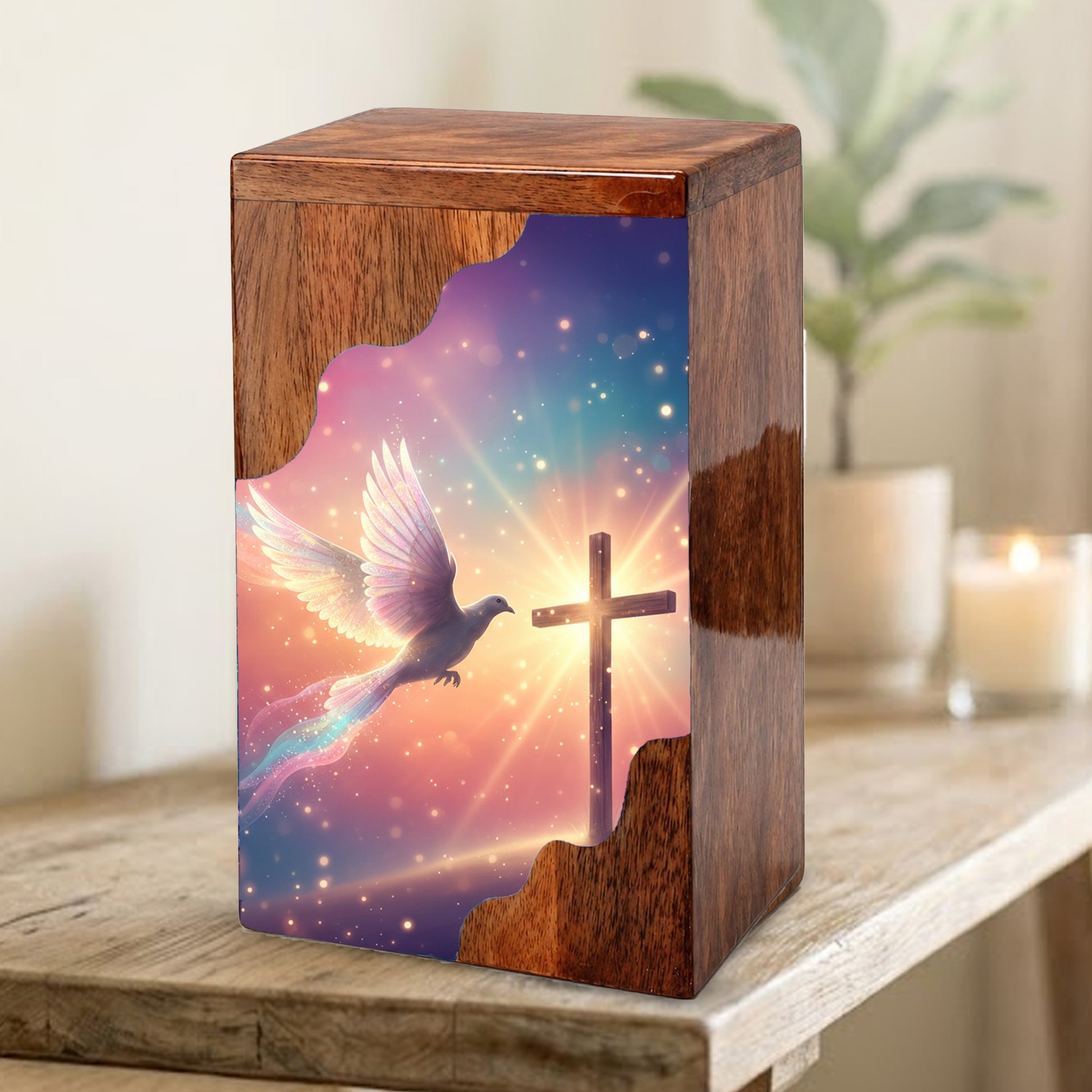 Dove Cross Wooden Cremation Urn – Christian Memorial Wooden Urn for Human Ashes