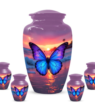 Blue Butterfly Sunset Urn for Human Ashes | Elegant Blue Butterfly Sunset Cremation Urn for Adult Memorial