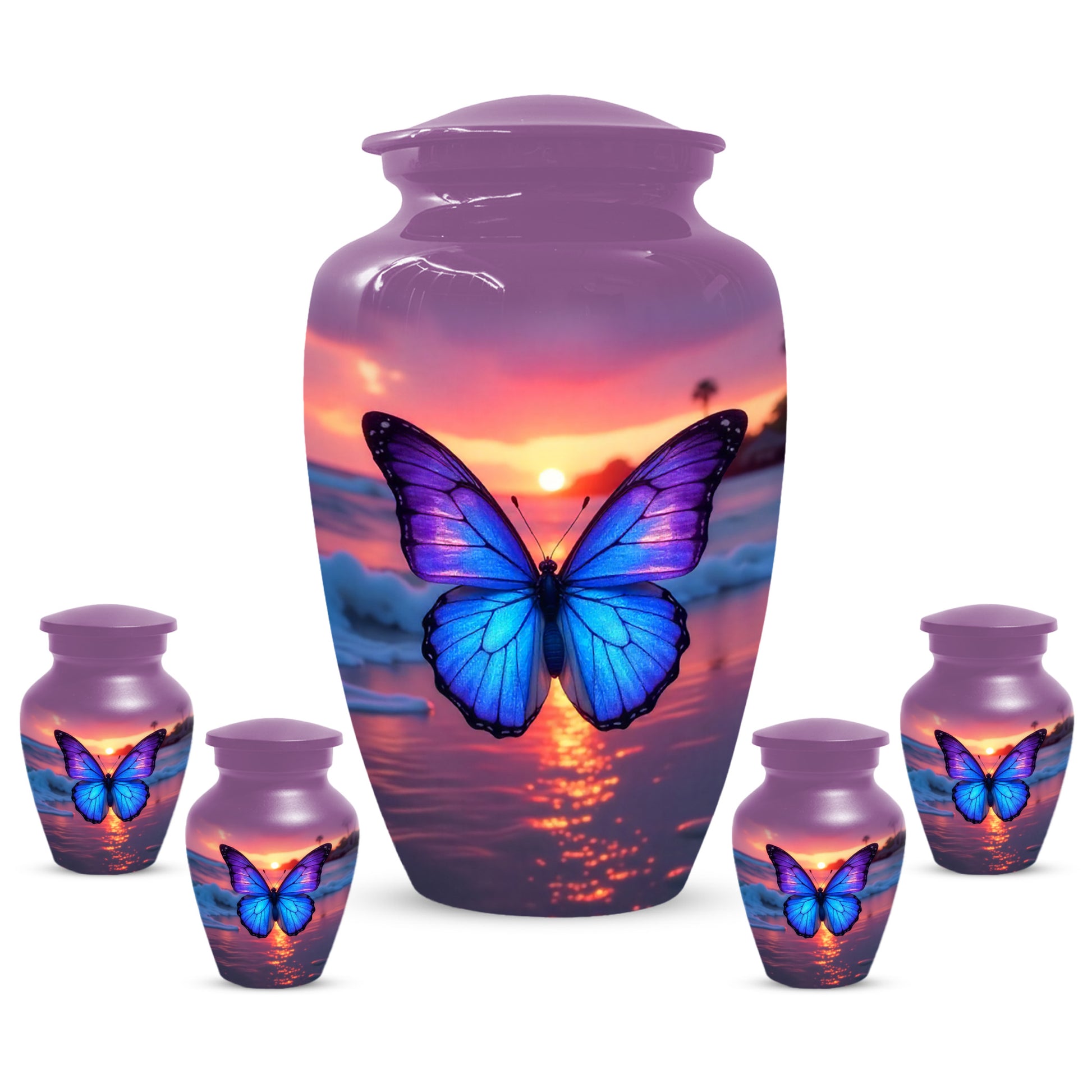 Blue Butterfly Sunset Urn for Human Ashes | Elegant Blue Butterfly Sunset Cremation Urn for Adult Memorial