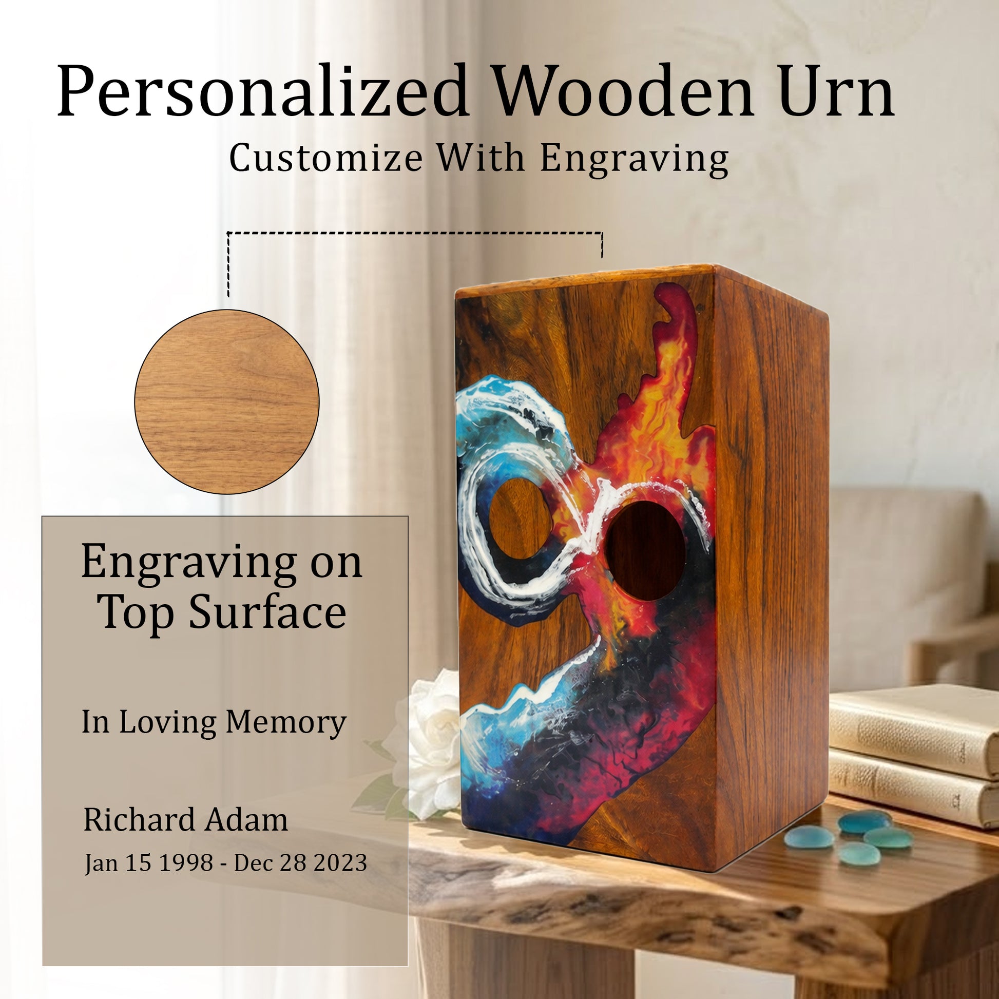 Infinity Ocean Wooden Urn For Ashes - Custom Fire Wood Keepsake Urns Box