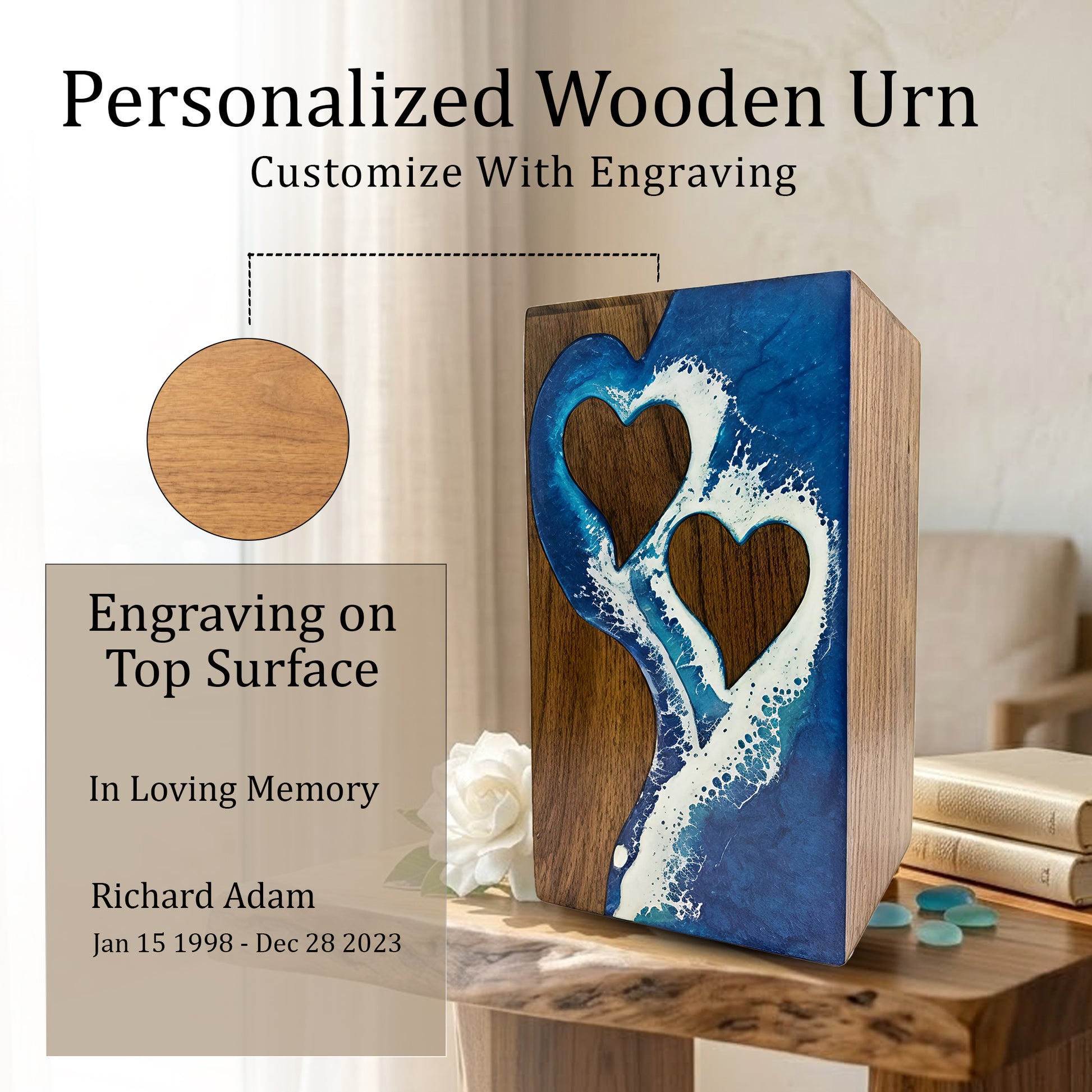 Ocean Wooden Urn For Human Ashes - Couple Urns Keepsake Box