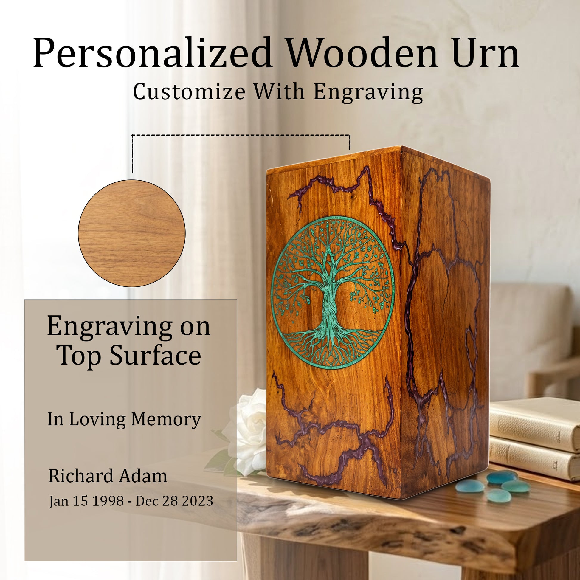 Tree of Life Wood Urn For Ashes - Personalized Wooden Keepsake Resin Urns Box