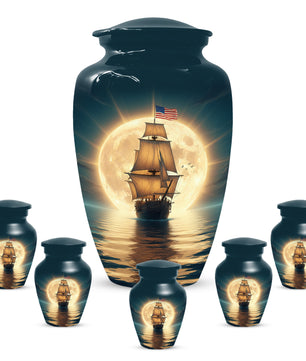 American Flag Sailing Ship Urn for Dad – Personalized Nautical Cremation Urns for Father