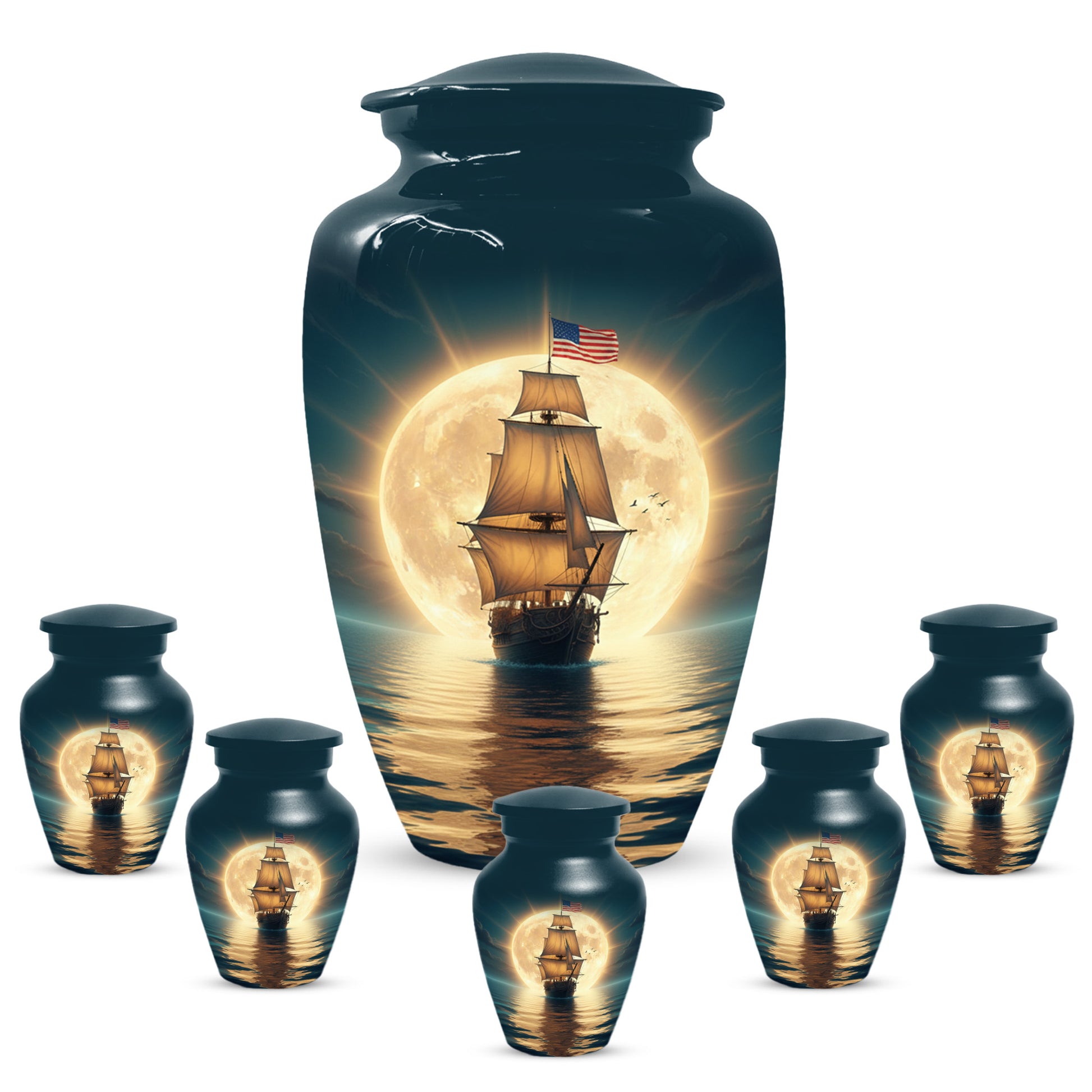 American Flag Sailing Ship Urn for Dad – Personalized Nautical Cremation Urns for Father