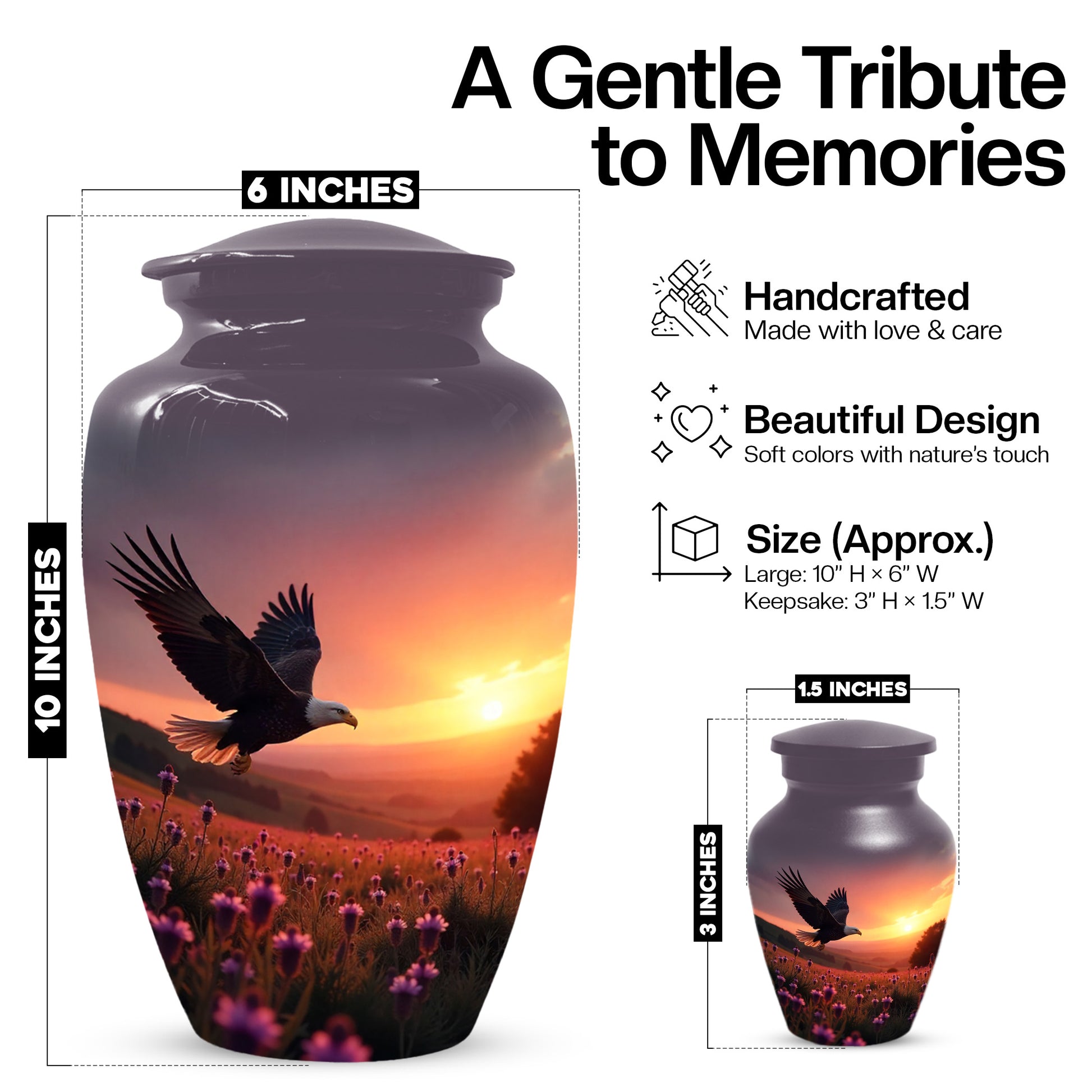Flying Eagle Sunset Urn for Human Ashes | Majestic Eagle Sunset Adult Cremation Urn | Memorial Funeral Urn