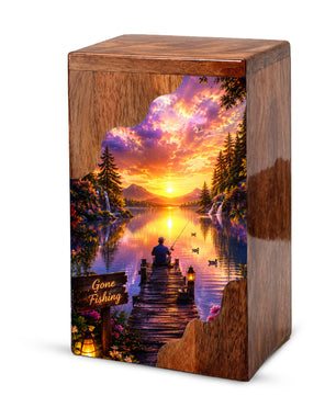 Fishing Wooden Cremation Urn – Sunset Lake Memorial Urn for Human Ashes