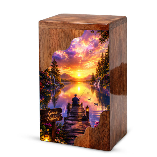 Fishing Wooden Cremation Urn – Sunset Lake Memorial Urn for Human Ashes