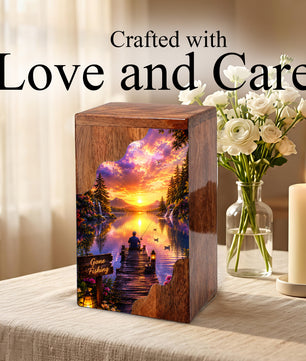 Fishing Wooden Cremation Urn – Sunset Lake Memorial Urn for Human Ashes