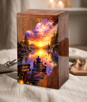 Fishing Wooden Cremation Urn – Sunset Lake Memorial Urn for Human Ashes