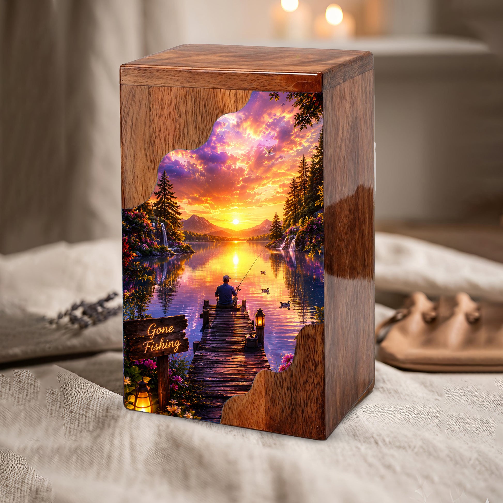 Fishing Wooden Cremation Urn – Sunset Lake Memorial Urn for Human Ashes