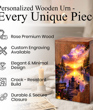 Fishing Wooden Cremation Urn – Sunset Lake Memorial Urn for Human Ashes