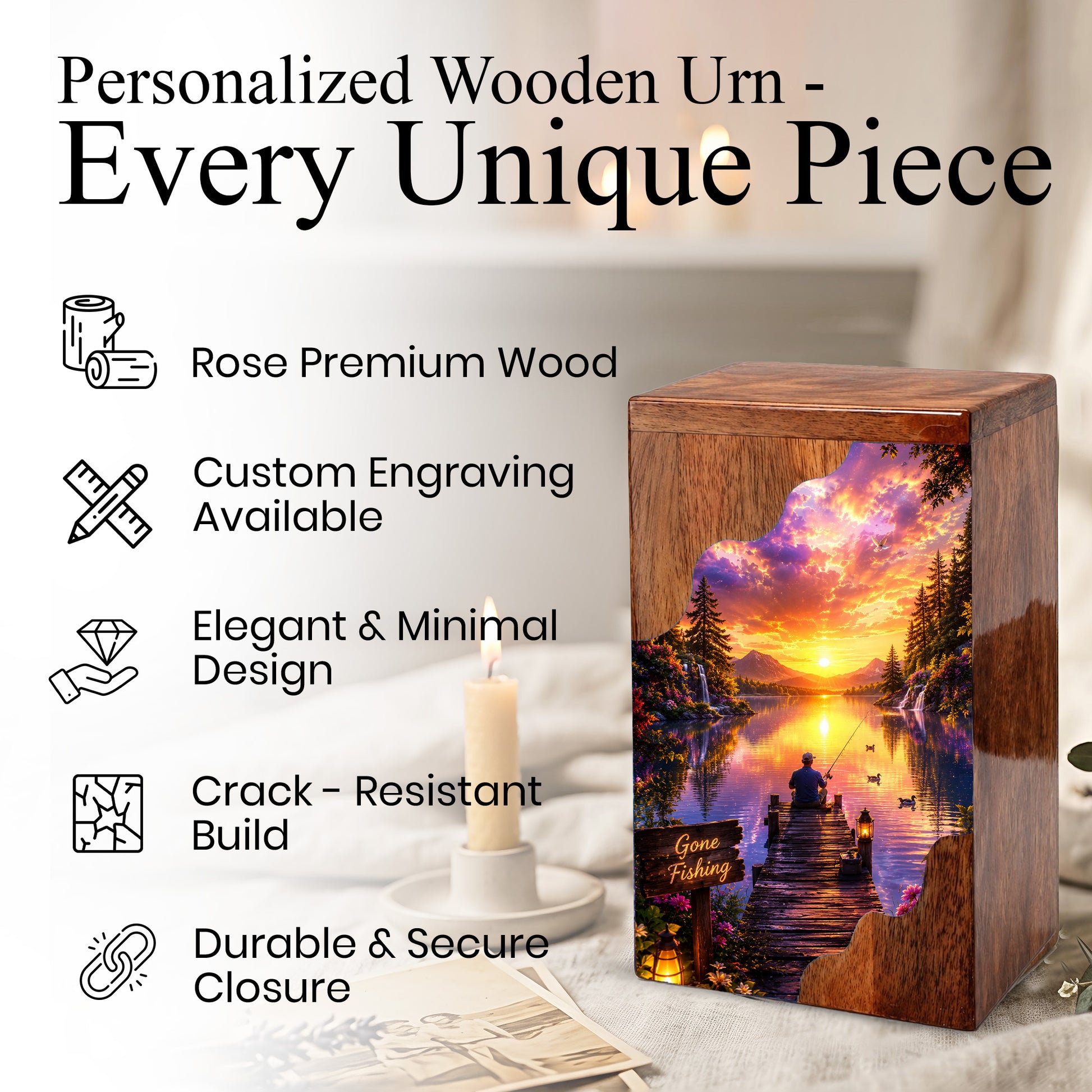 Fishing Wooden Cremation Urn – Sunset Lake Memorial Urn for Human Ashes