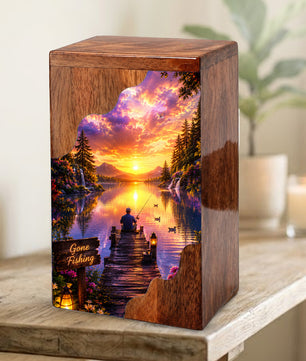 Fishing Wooden Cremation Urn – Sunset Lake Memorial Urn for Human Ashes