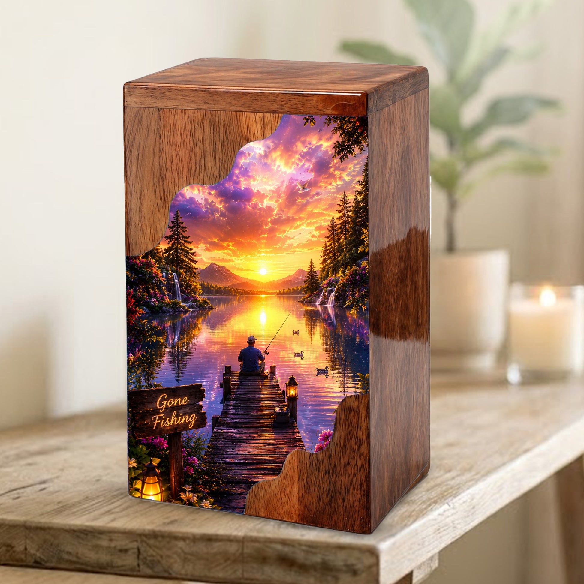 Fishing Wooden Cremation Urn – Sunset Lake Memorial Urn for Human Ashes