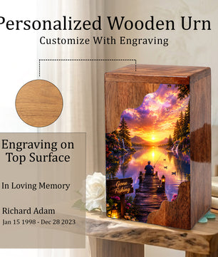 Fishing Wooden Cremation Urn – Sunset Lake Memorial Urn for Human Ashes