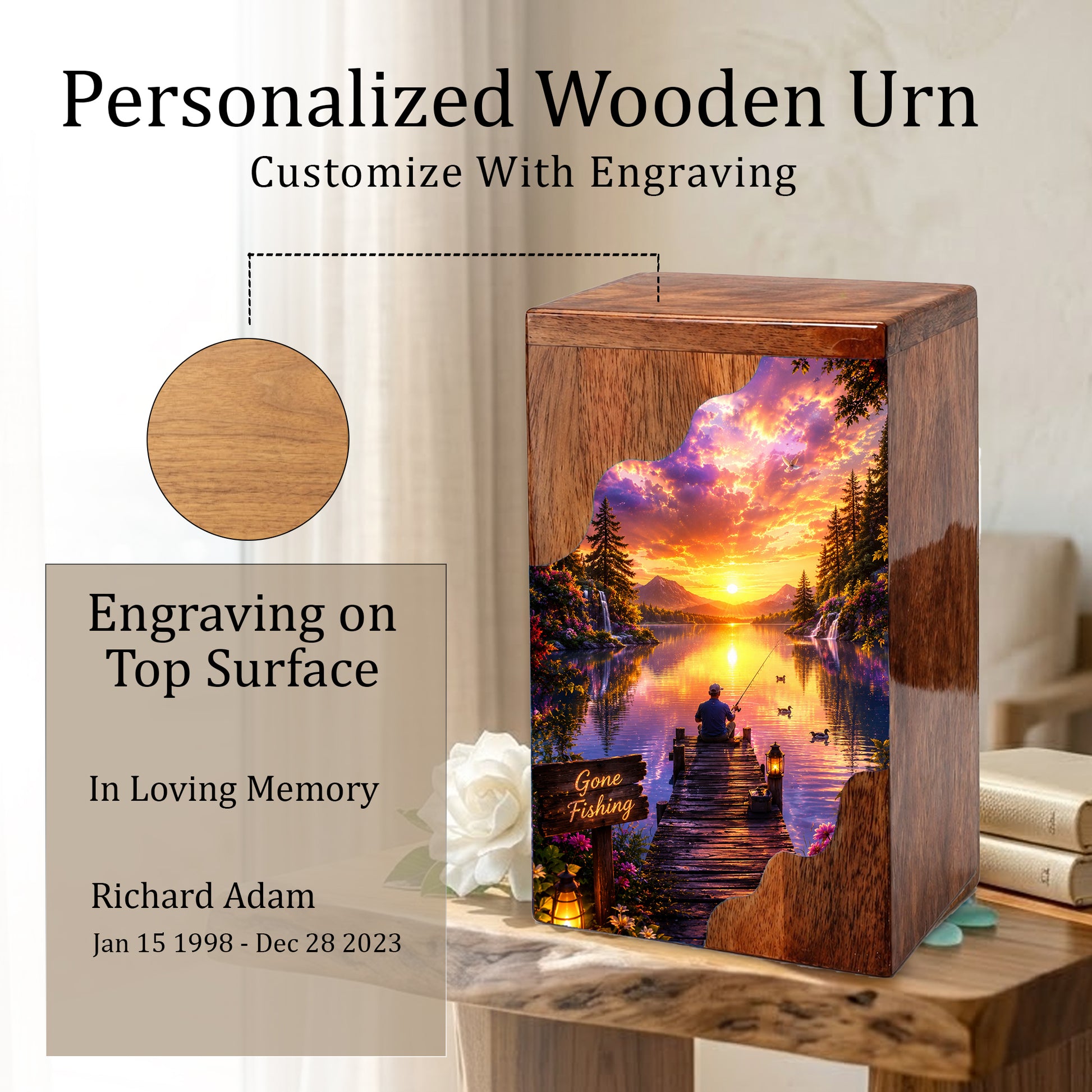 Fishing Wooden Cremation Urn – Sunset Lake Memorial Urn for Human Ashes
