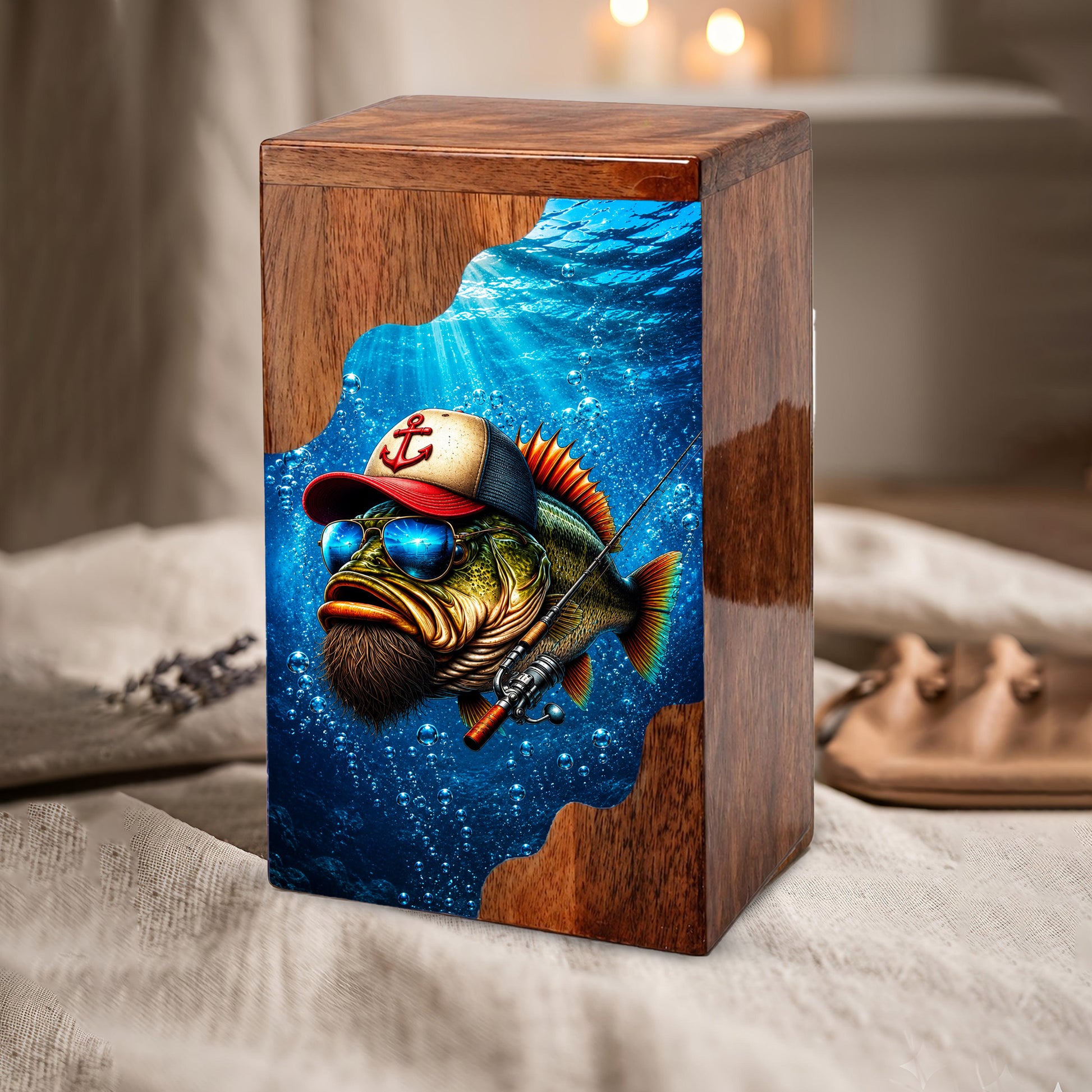 Gone Fishing Wooden Cremation Urn – Personalized Memorial Urn for Human Ashes