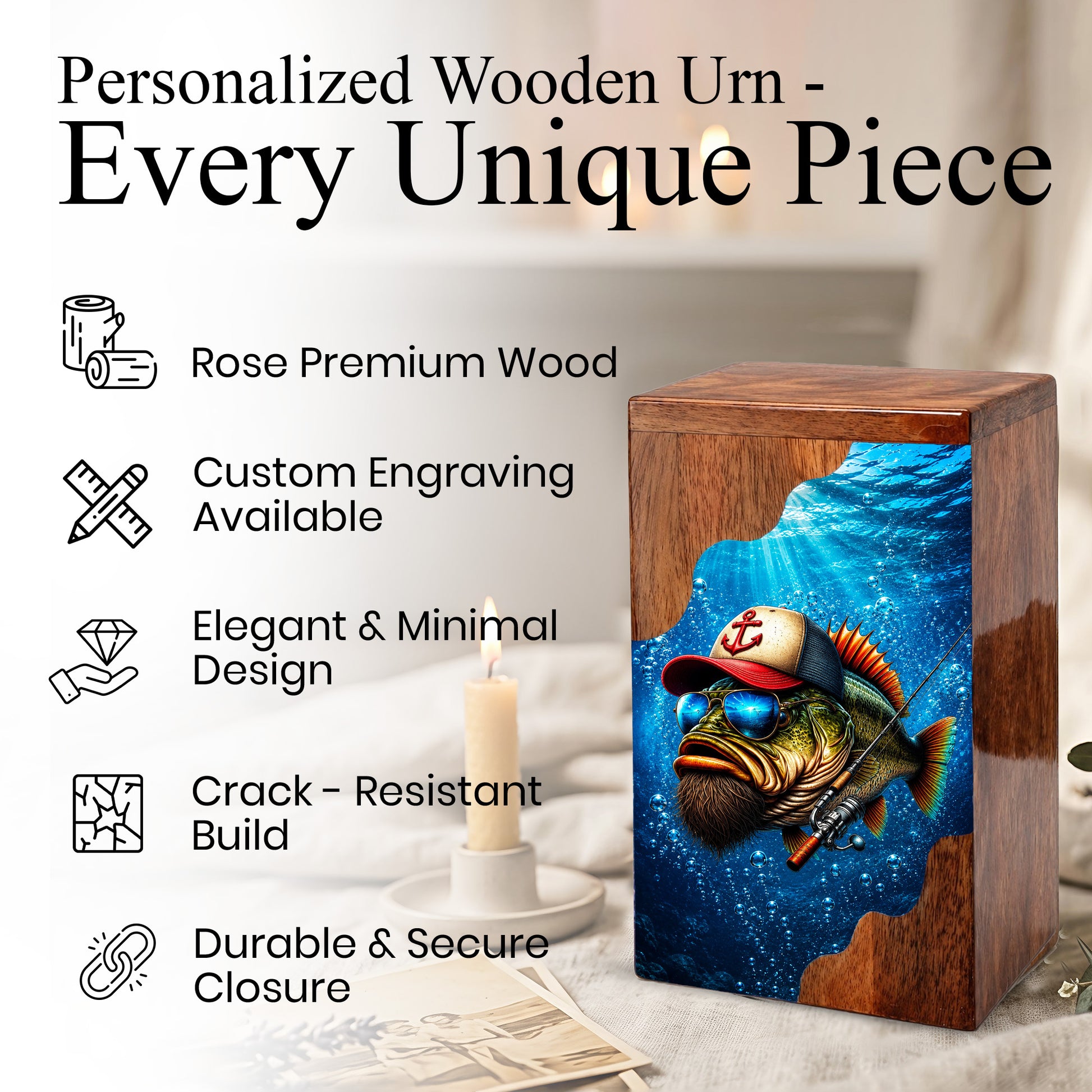 Gone Fishing Wooden Cremation Urn – Personalized Memorial Urn for Human Ashes