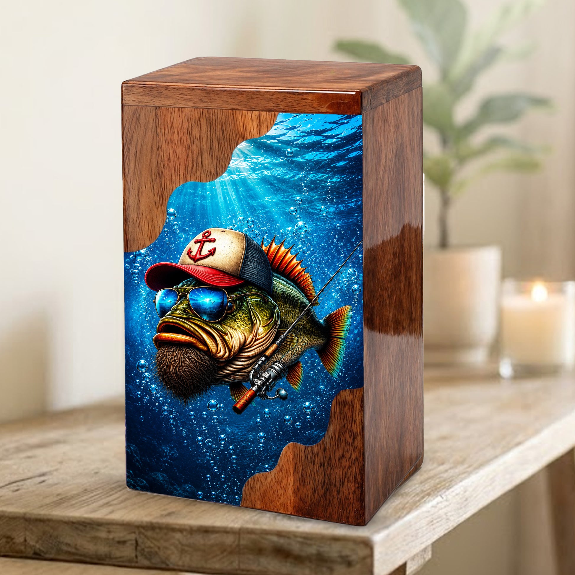 Gone Fishing Wooden Cremation Urn – Personalized Memorial Urn for Human Ashes
