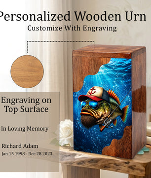 Gone Fishing Wooden Cremation Urn – Personalized Memorial Urn for Human Ashes