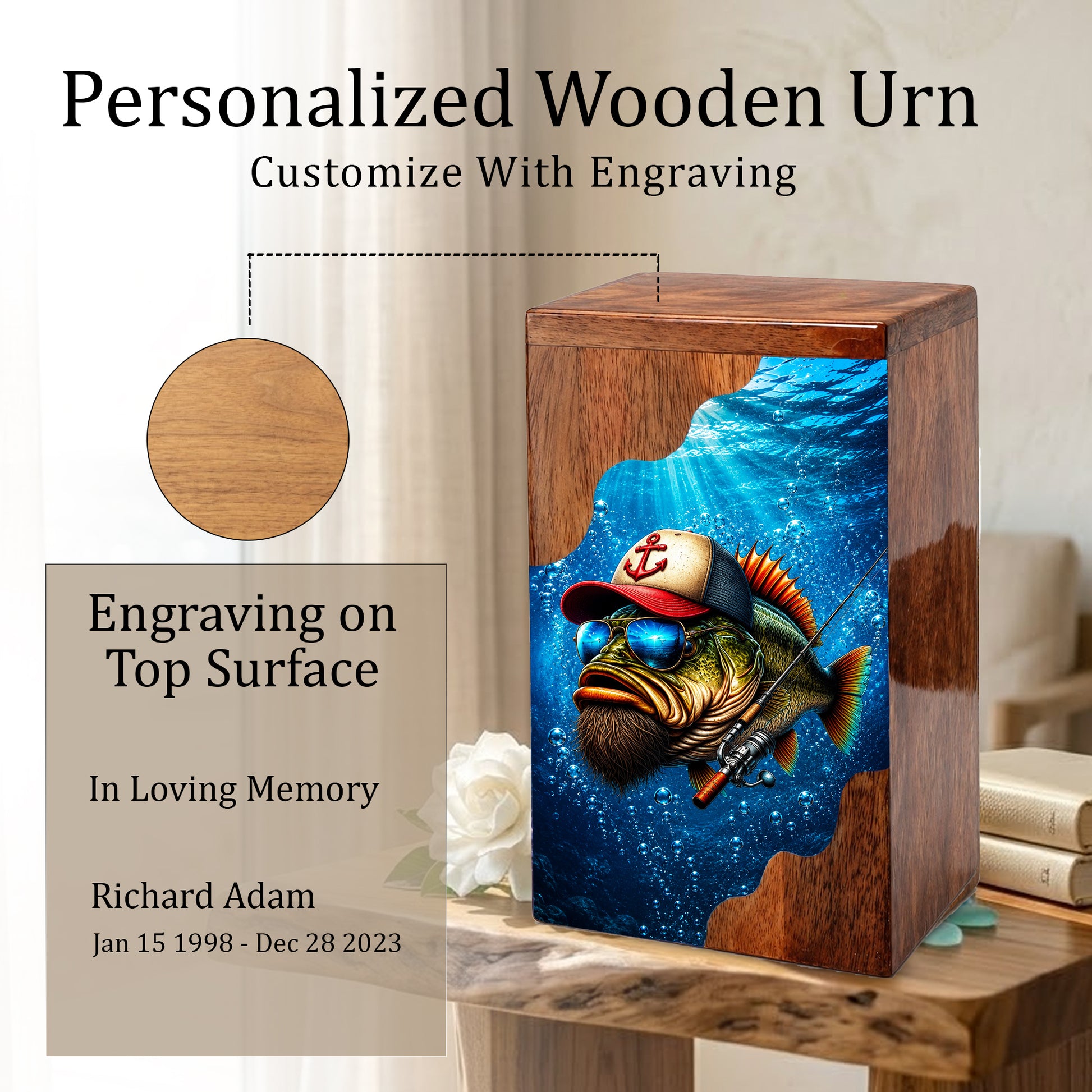 Gone Fishing Wooden Cremation Urn – Personalized Memorial Urn for Human Ashes
