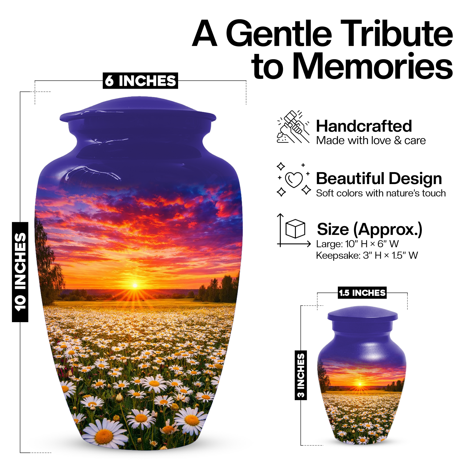 Personalized Daisy Sunset Cremation Urn | Adult, Large, Mini & Keepsake Urn for Human Ashes