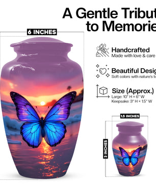 Blue Butterfly Sunset Urn for Human Ashes | Elegant Blue Butterfly Sunset Cremation Urn for Adult Memorial