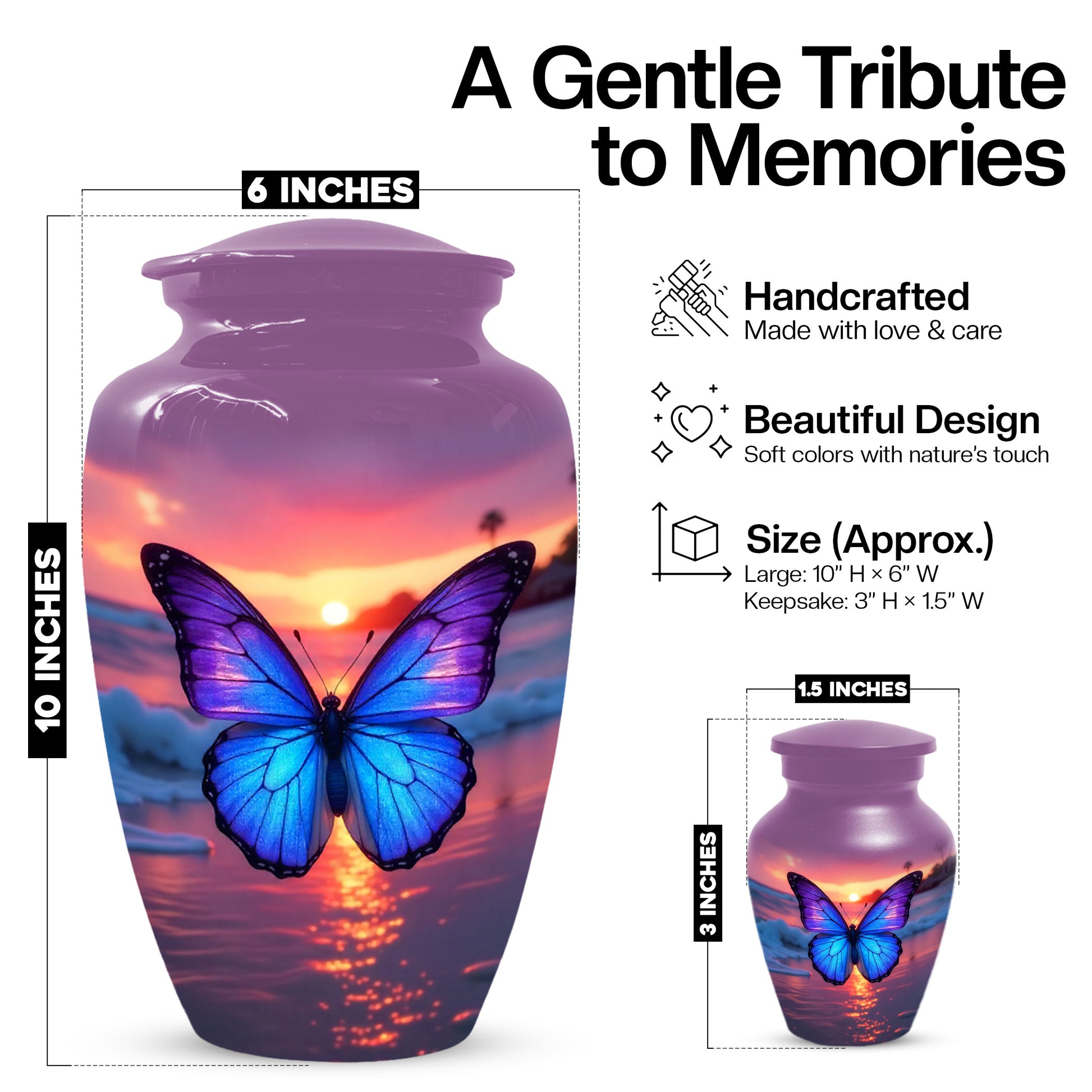 Blue Butterfly Sunset Urn for Human Ashes | Elegant Blue Butterfly Sunset Cremation Urn for Adult Memorial